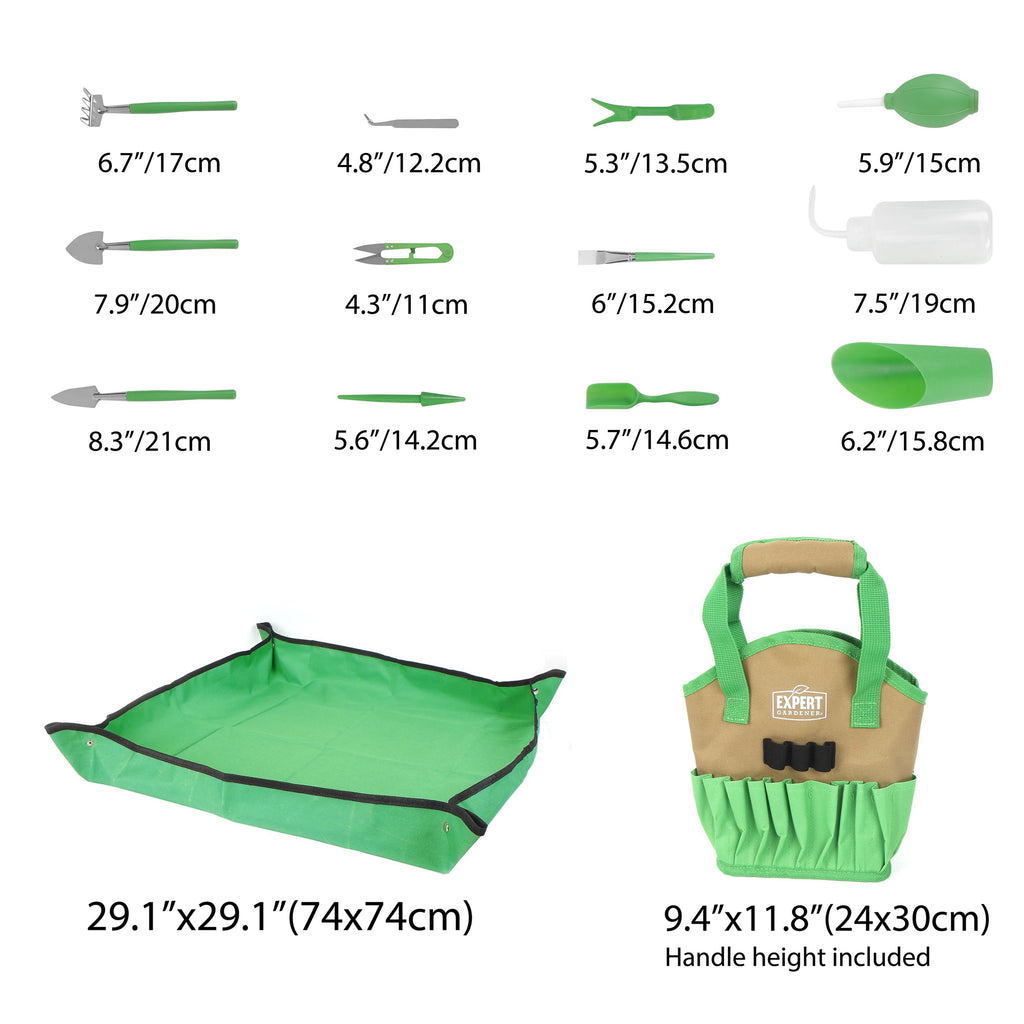 Ensemble d'outils en acier inoxydable pour jardinage d'intérieur, 14 pièces, vert