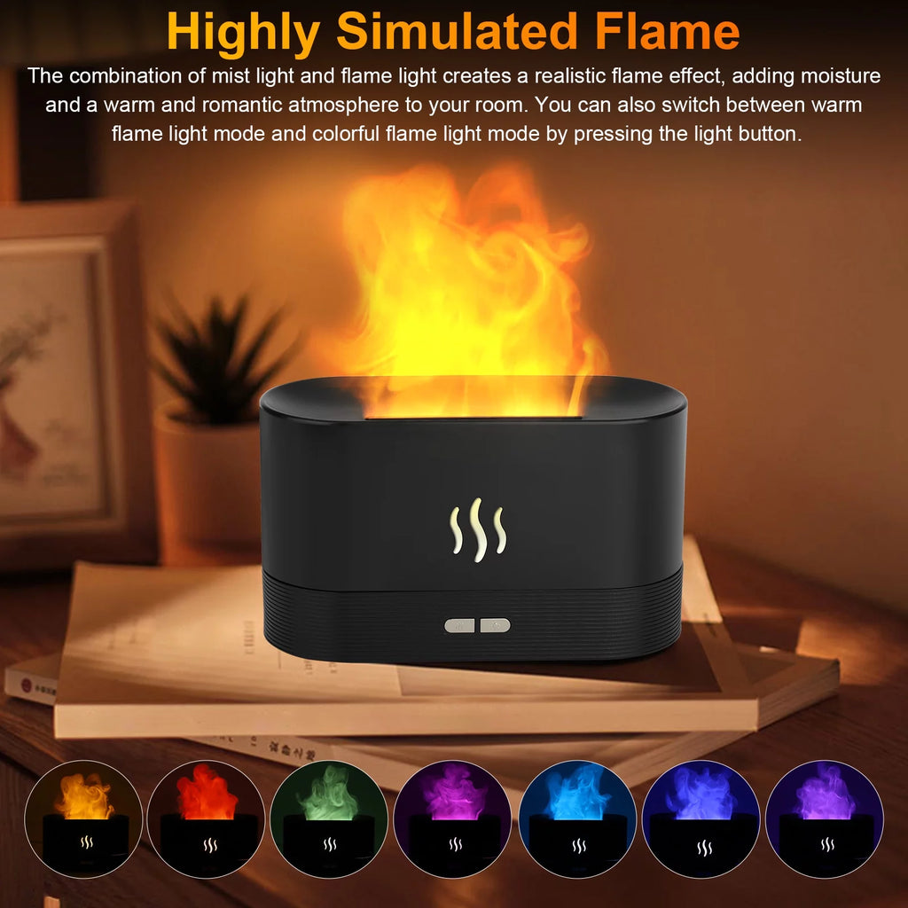 Humidificateur à huiles essentielles diffuseur d'air de 180 ml, diffuseur de brume aromatique avec effet feu et LED à changement de couleur 7 pour bureau