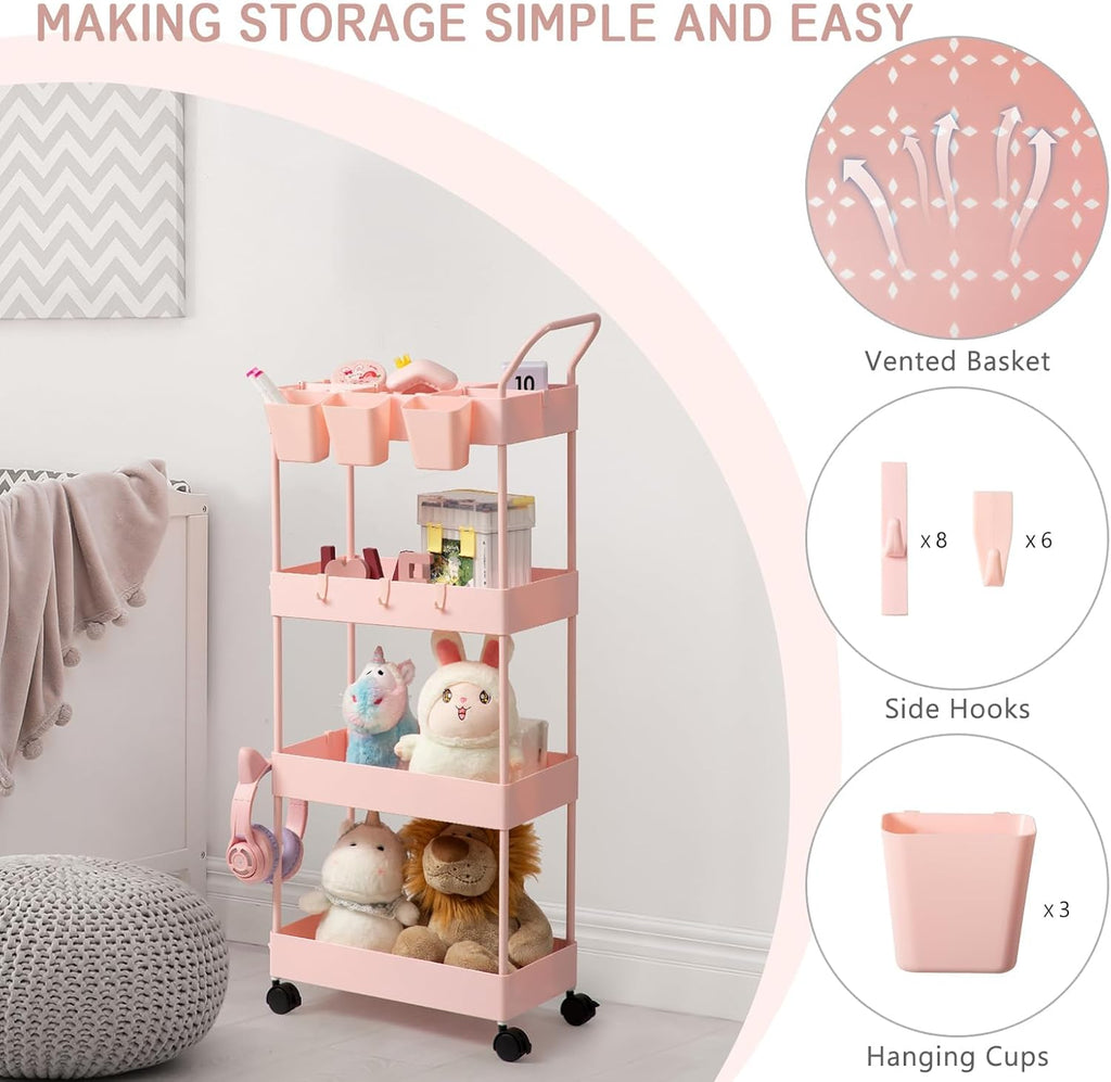 4-Tier Pink Slim Storage Cart, Narrow Laundry Cart with Wheels, Dividers, Hanging Cups, Hooks, Easy Assembly