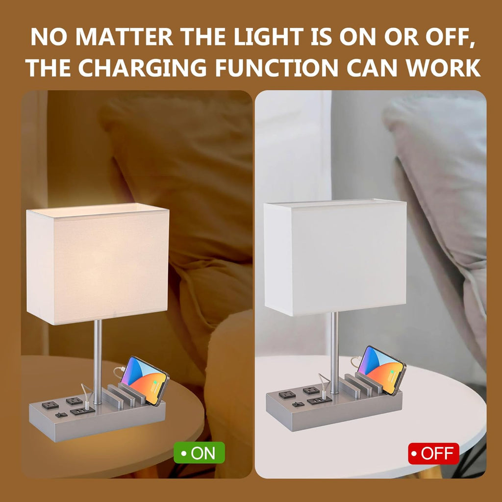 Bedside Table Lamp with 3 USB Charging Ports, 2 AC Outlets and 3 Phone Stands, Modern USB Desk Lamp with Silver Wooden Base