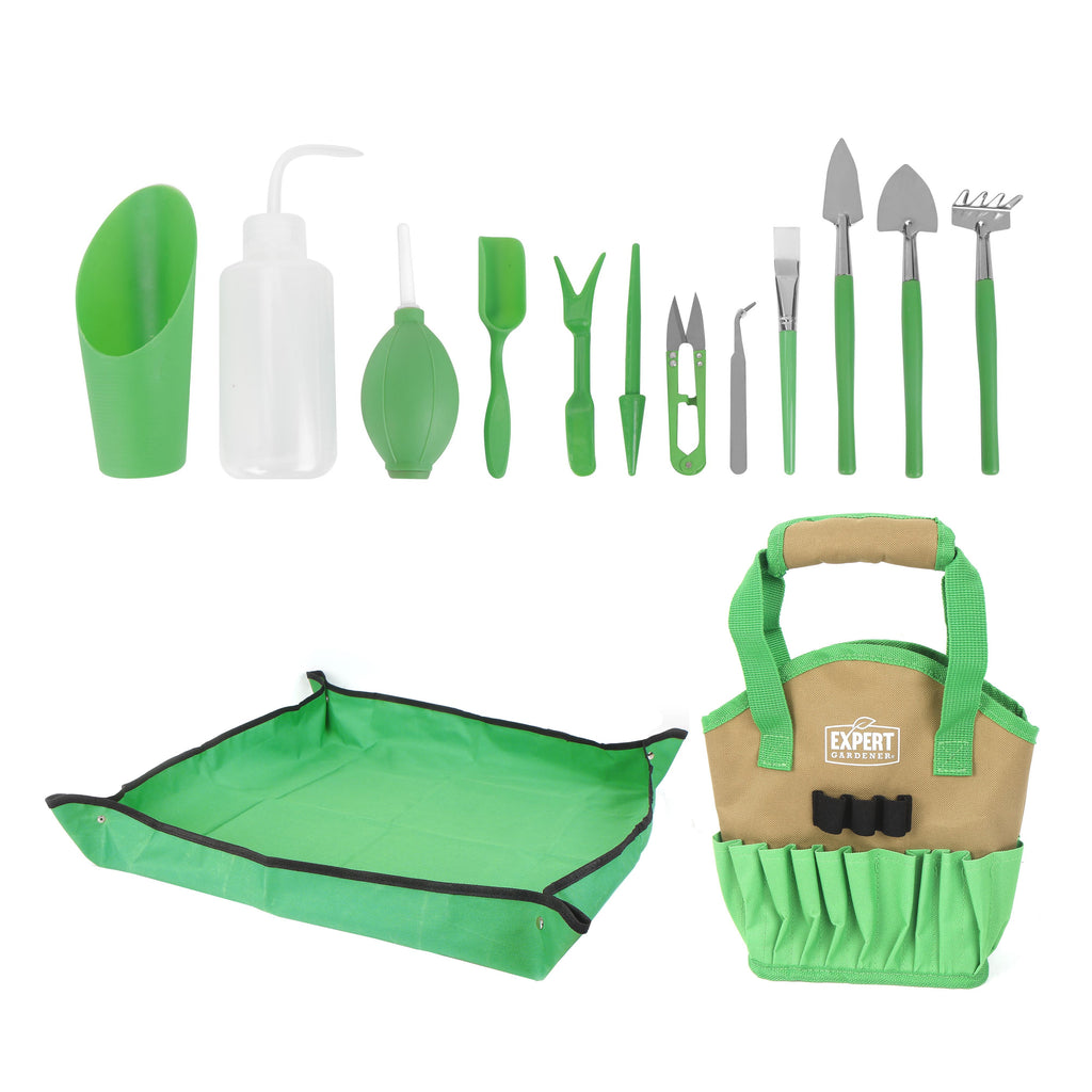 Ensemble d'outils en acier inoxydable pour jardinage d'intérieur, 14 pièces, vert