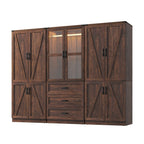 6 Door Farmhouse Armoire Wardrobe Closet for Bedroom with 3 Drawers, 75"H Tall Armoire Wardrobe Set with LED Sensor Light & Hanging Rod, Freestanding Closet Wardrobe Cabinet Glass Doors