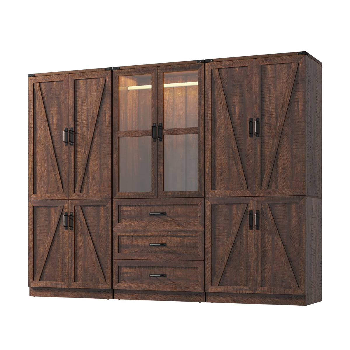 6 Door Farmhouse Armoire Wardrobe Closet for Bedroom with 3 Drawers, 75"H Tall Armoire Wardrobe Set with LED Sensor Light & Hanging Rod, Freestanding Closet Wardrobe Cabinet Glass Doors