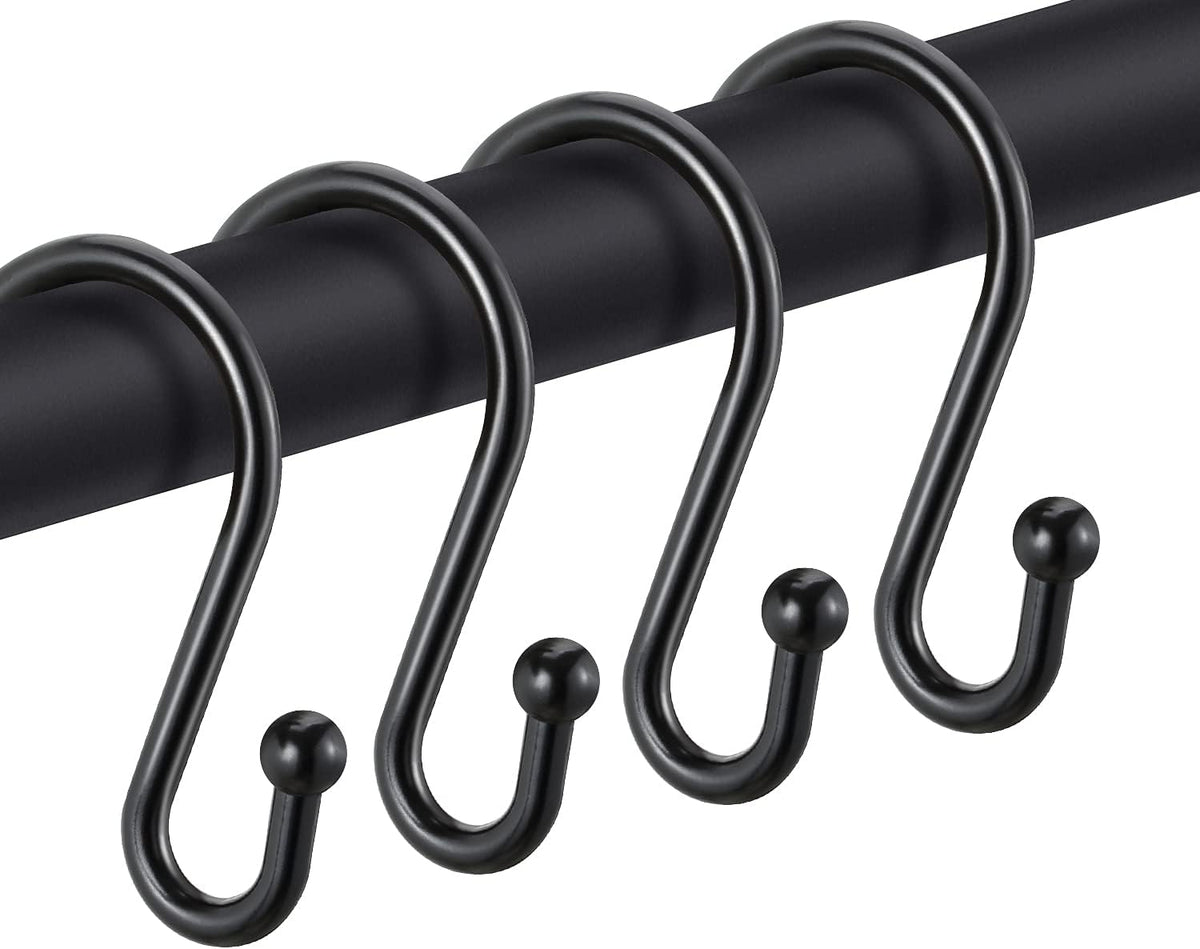 Metal Shower Curtain Hooks, Rust Proof Shower Curtain Rings, Black Shower Curtain Hooks for Bathroom, S Shaped Decorative Shower Hooks Hangers for Shower Curtain Rod,Set of 12