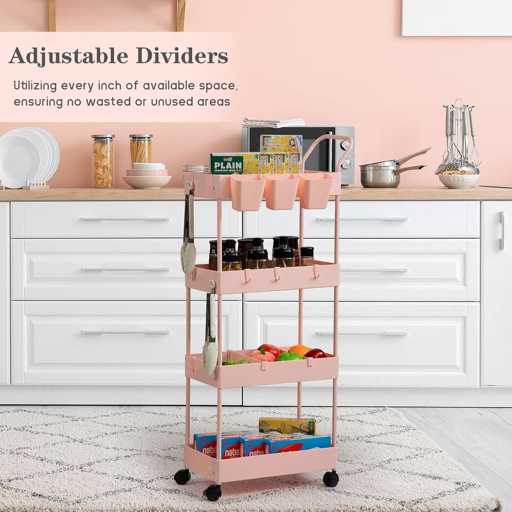 4-Tier Pink Slim Storage Cart, Narrow Laundry Cart with Wheels, Dividers, Hanging Cups, Hooks, Easy Assembly