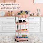 4-Tier Pink Slim Storage Cart, Narrow Laundry Cart with Wheels, Dividers, Hanging Cups, Hooks, Easy Assembly
