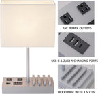 Bedside Table Lamp with 3 USB Charging Ports, 2 AC Outlets and 3 Phone Stands, Modern USB Desk Lamp with Silver Wooden Base