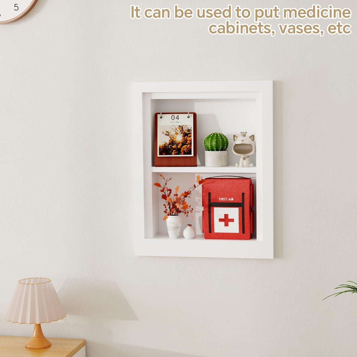 Solid Wood 14 X 18 Recessed Medicine Cabinet,2-Tier, Medicine Cabinet Organizer,Wall Niche, Bathroom Wall Cabinet, Recessed Bathroom Cabinet,Recessed Wall Cabinet, Bathroom Cabinet with Storage, White