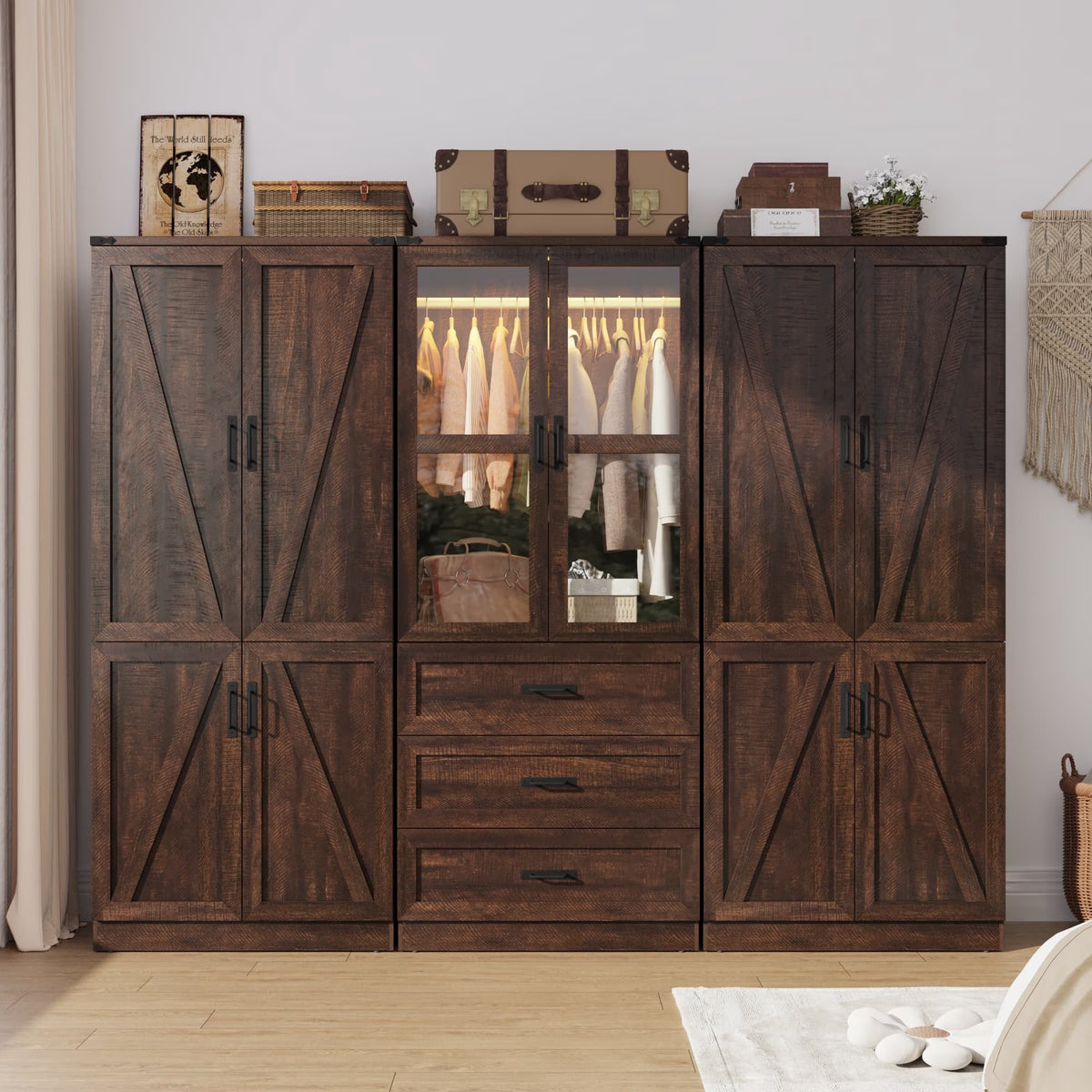 6 Door Farmhouse Armoire Wardrobe Closet for Bedroom with 3 Drawers, 75"H Tall Armoire Wardrobe Set with LED Sensor Light & Hanging Rod, Freestanding Closet Wardrobe Cabinet Glass Doors