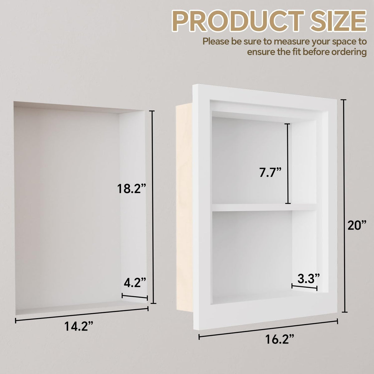 Solid Wood 14 X 18 Recessed Medicine Cabinet,2-Tier, Medicine Cabinet Organizer,Wall Niche, Bathroom Wall Cabinet, Recessed Bathroom Cabinet,Recessed Wall Cabinet, Bathroom Cabinet with Storage, White
