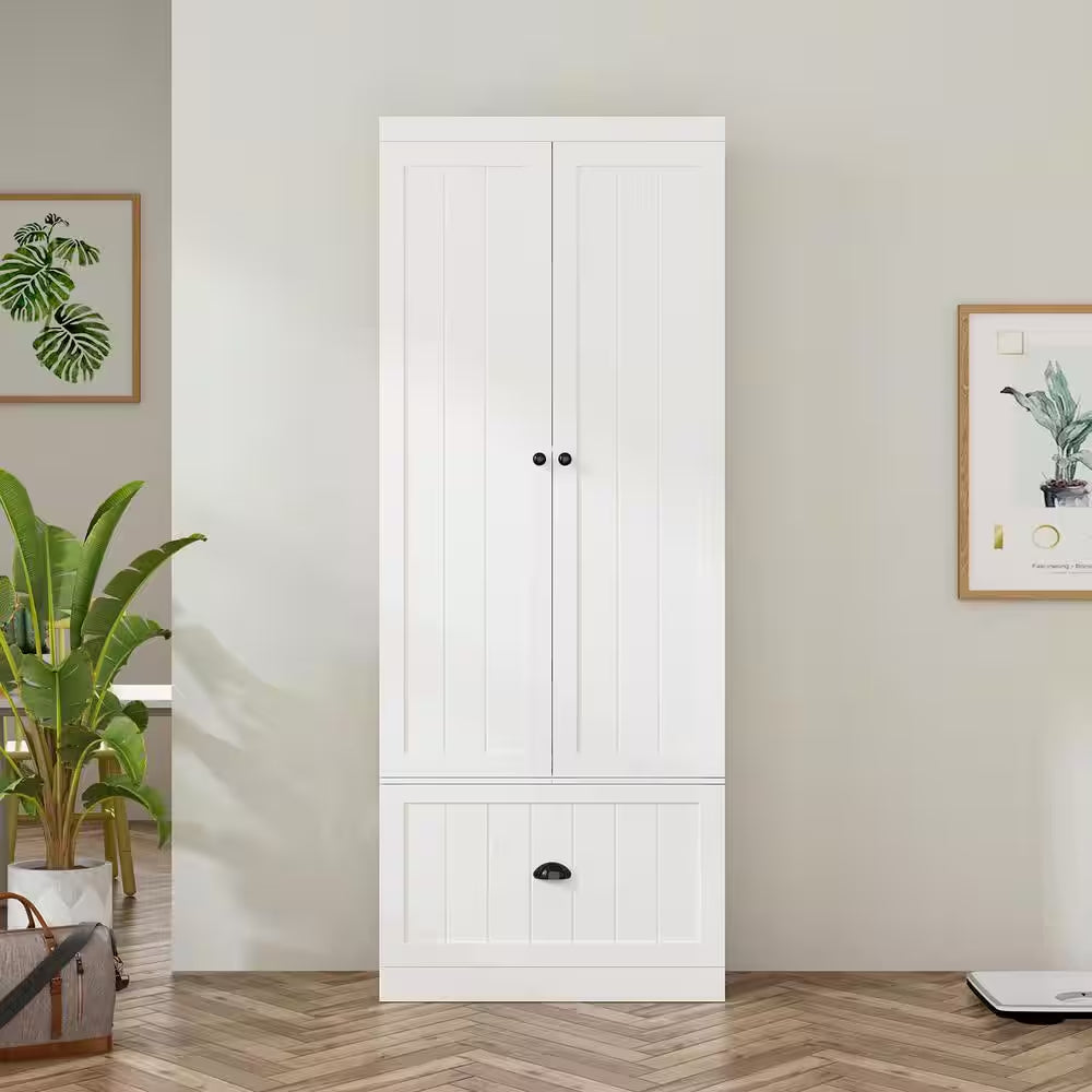 70.9 In. H X 86.8 In. W, White Wood Shoe Storage Bench, Coat Hanger & Wardrobe 3-IN-1 (Shoe Storage & Wardrobe)