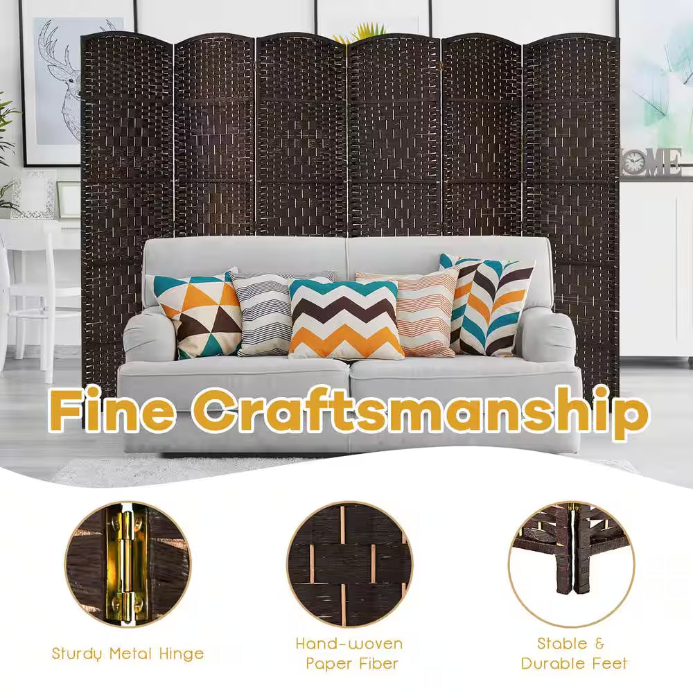 6 Ft. Brown Room Divider Weave Fiber Folding Privacy Screen (6-Panel)