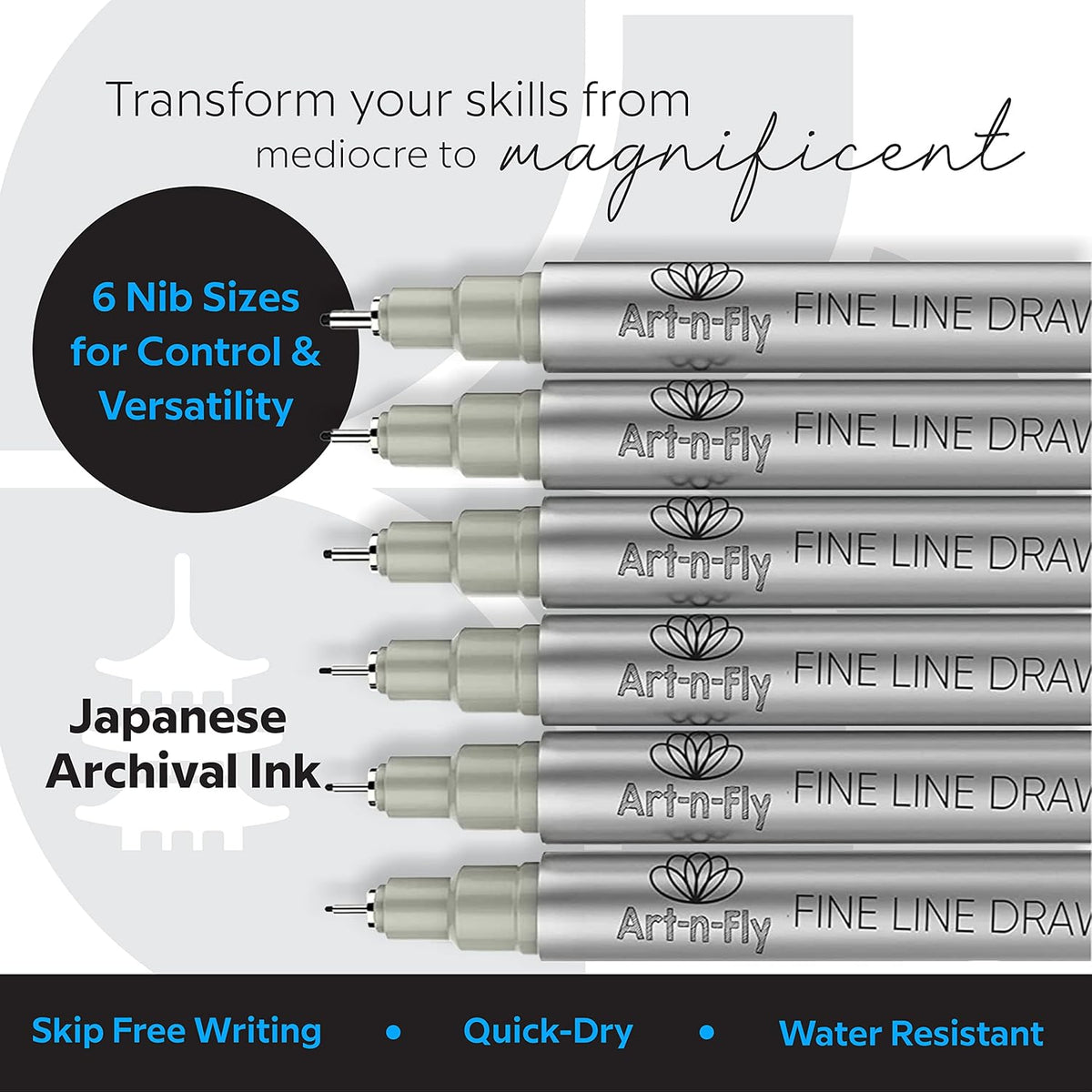 Micro Pen Set - 6 Assorted Sizes - Black Ink Fineliner Pens | Waterproof, No Bleed & Quick-Dry Fine Point Pen with Japanese Archival Pigment Ink for Drawing, Sketching, Manga, Illustration