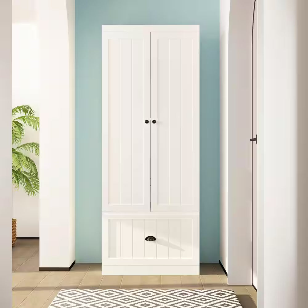70.9 In. H X 86.8 In. W, White Wood Shoe Storage Bench, Coat Hanger & Wardrobe 3-IN-1 (Shoe Storage & Wardrobe)