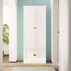 70.9 In. H X 86.8 In. W, White Wood Shoe Storage Bench, Coat Hanger & Wardrobe 3-IN-1 (Shoe Storage & Wardrobe)