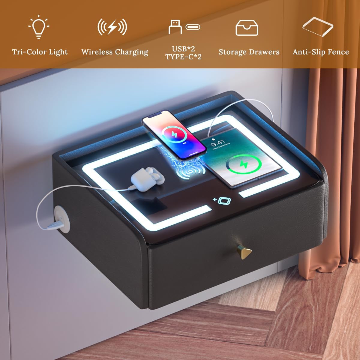 Floating Nightstand with Wireless Charging Station Bedside Table LED Smart Bedside Table Wall Mounted Nightstand Dorm Night Stand Black