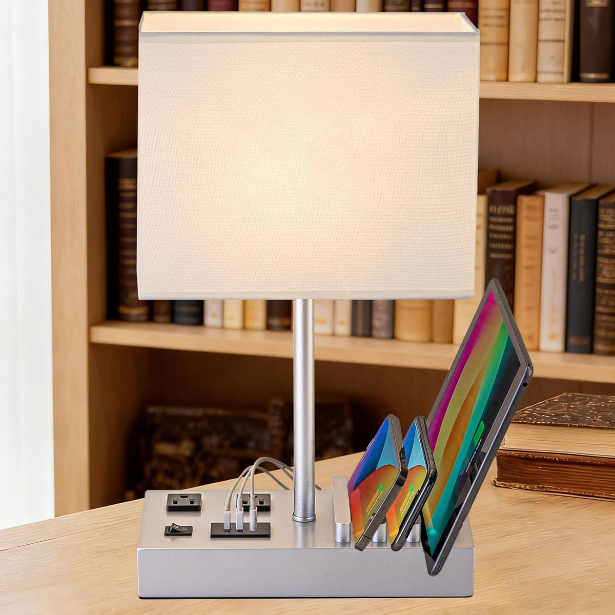 Bedside Table Lamp with 3 USB Charging Ports, 2 AC Outlets and 3 Phone Stands, Modern USB Desk Lamp with Silver Wooden Base