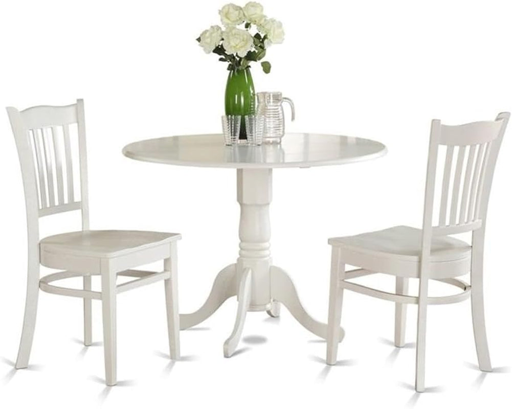 DLGR3-WHI-W Ensemble de table de salle à manger de 3 pièces pour petits espaces, comprenant une table de salle à manger ronde avec tablette rabattable et 2 chaises à assise en bois, 42X42 Inch, Blanc lin