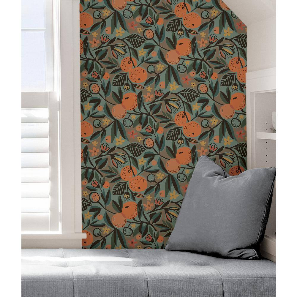 Teal Clementine Garden Vinyl Matte Peel and Stick Wallpaper Roll