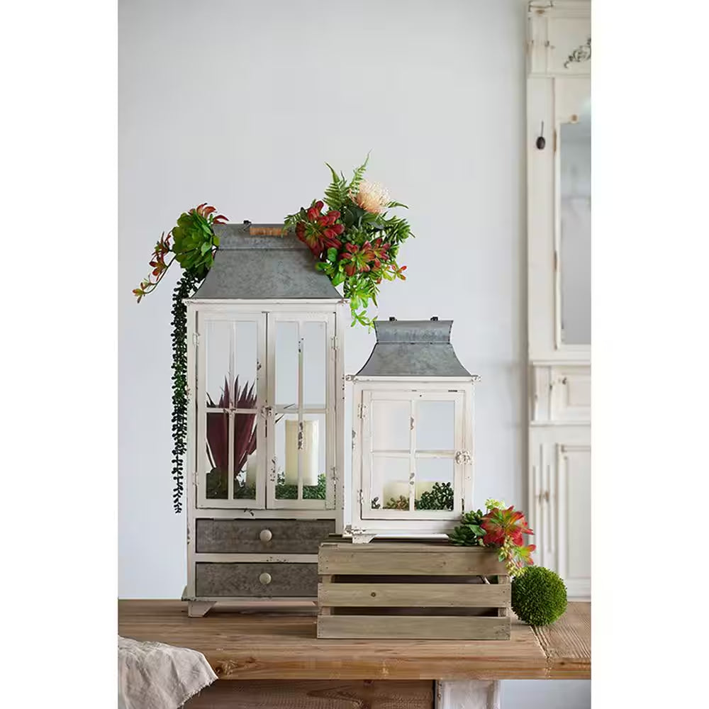 Evelyn Silver, White Enclosed Lantern Set with Handle and Drawers (2-Pack)
