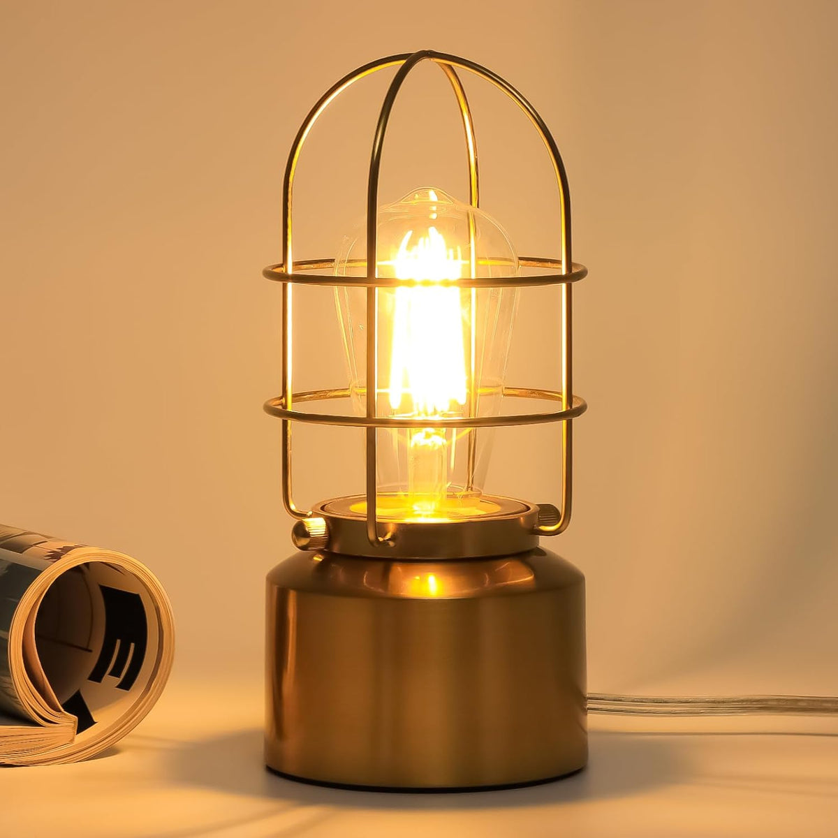 Small Touch Gold Table Lamp for Small Spaces - 3 Way Dimmable Industrial Bedside Lamp - Steampunk Antique Nightstand Desk for Bedroom, Living Room (Bulb Included)