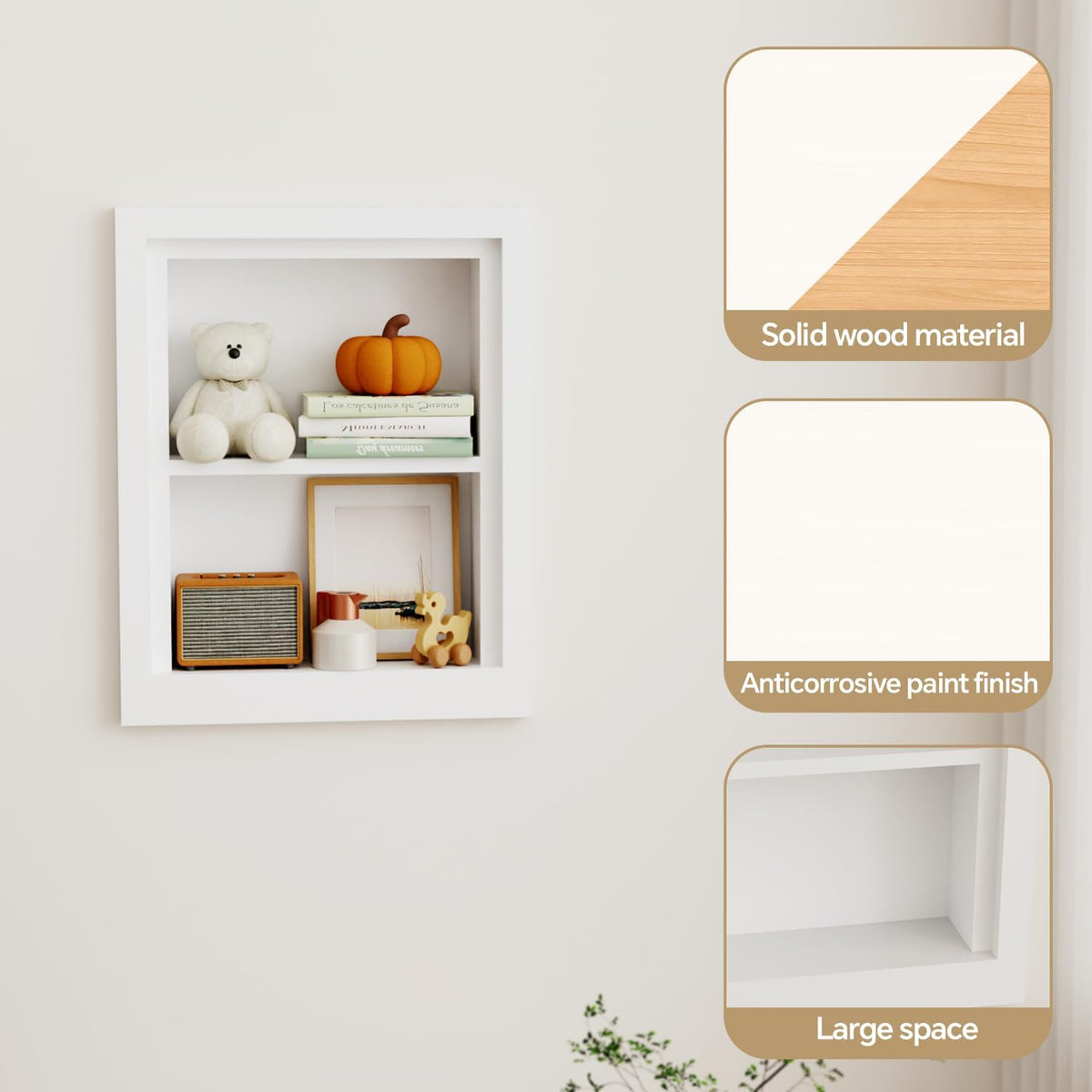 Solid Wood 14 X 18 Recessed Medicine Cabinet,2-Tier, Medicine Cabinet Organizer,Wall Niche, Bathroom Wall Cabinet, Recessed Bathroom Cabinet,Recessed Wall Cabinet, Bathroom Cabinet with Storage, White