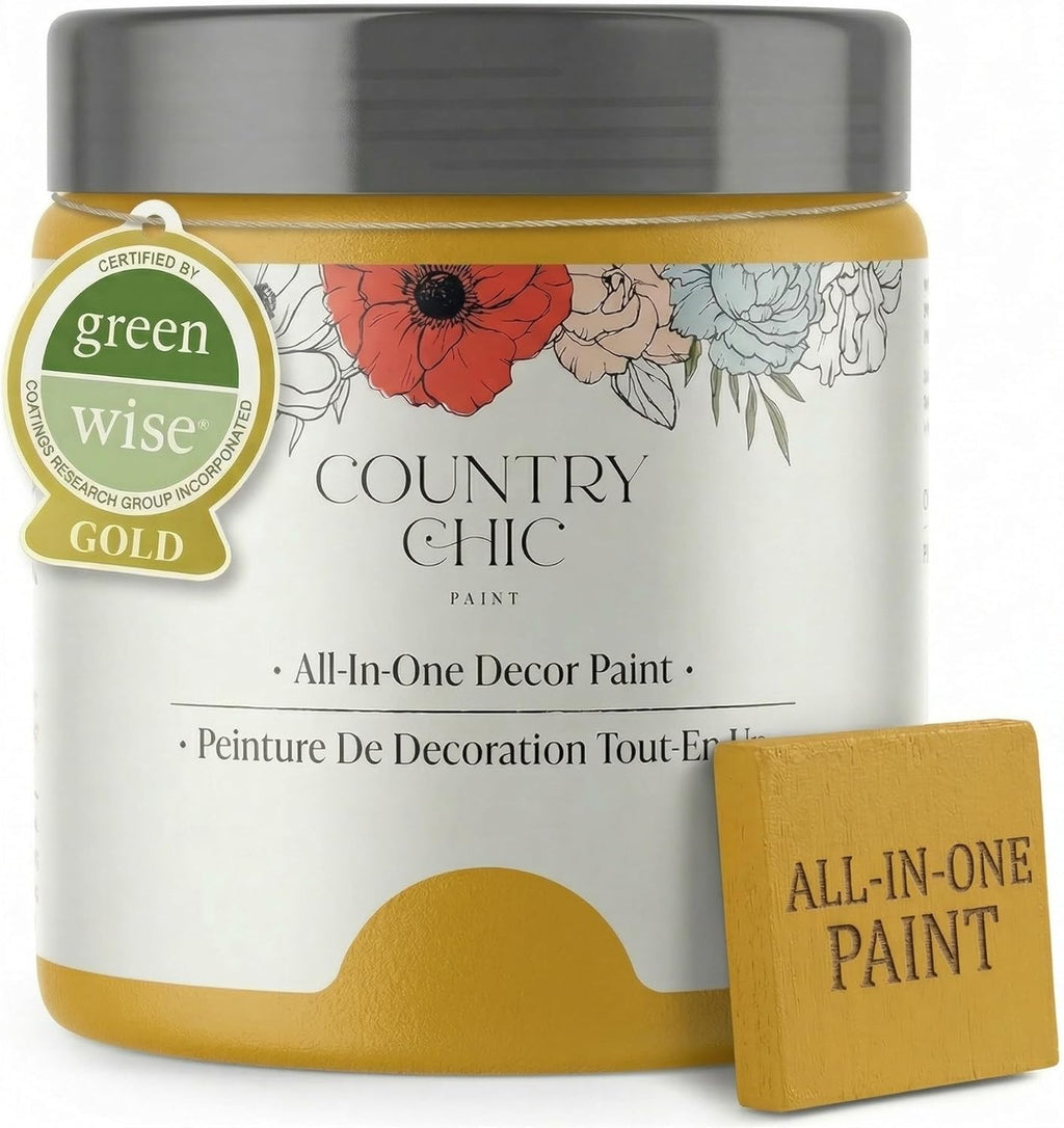 Peinture à la craie tout-en-un Country Chic pour meubles, placards, décoration intérieure — Écologique, finition mate, apprêt et finition intégrés pour bois et métal, couleur Moutarde Fraîche (Jaune moutarde) — Pinte 16 Oz (475 Ml)