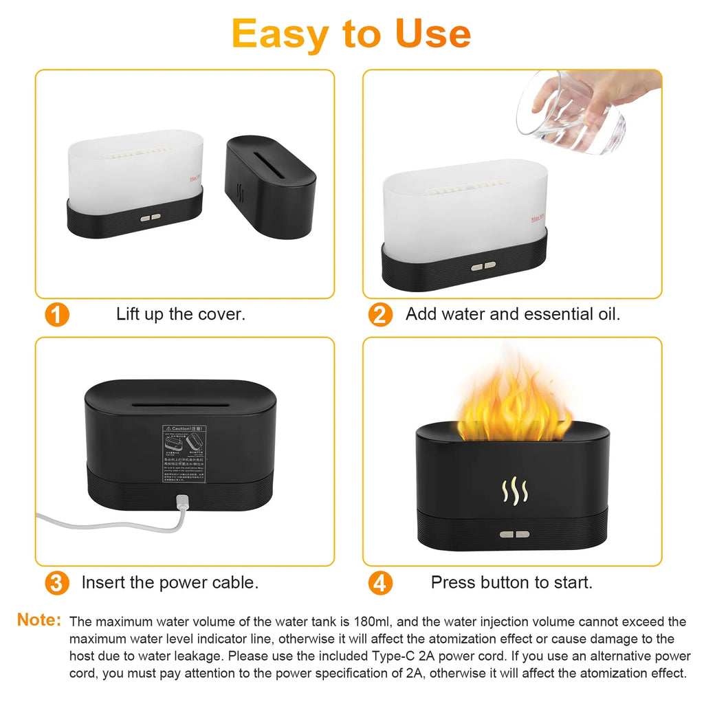 Humidificateur à huiles essentielles diffuseur d'air de 180 ml, diffuseur de brume aromatique avec effet feu et LED à changement de couleur 7 pour bureau