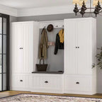 70.9 In. H X 86.8 In. W, White Wood Shoe Storage Bench, Coat Hanger & Wardrobe 3-IN-1 (Shoe Storage & Wardrobe)