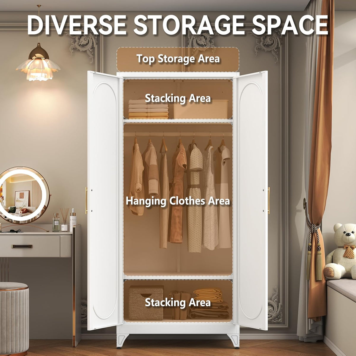 71" White Metal Armoire Wardrobe Closet with 2 Doors and Shelves