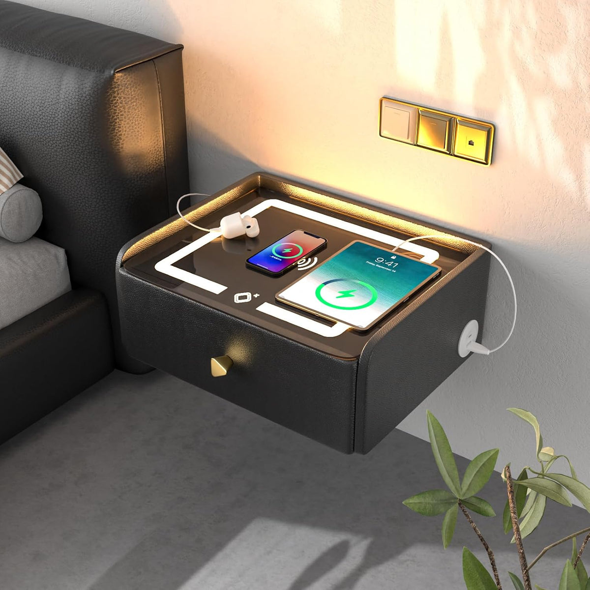 Floating Nightstand with Wireless Charging Station Bedside Table LED Smart Bedside Table Wall Mounted Nightstand Dorm Night Stand Black