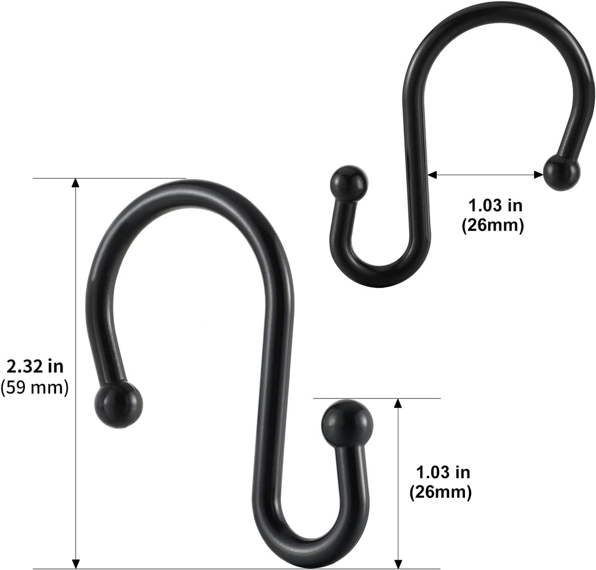 Metal Shower Curtain Hooks, Rust Proof Shower Curtain Rings, Black Shower Curtain Hooks for Bathroom, S Shaped Decorative Shower Hooks Hangers for Shower Curtain Rod,Set of 12