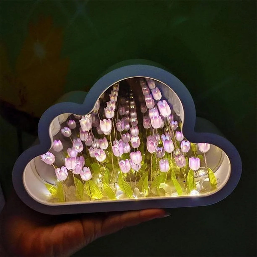 Cloud Mirror Tulip Lamp, Simulation Flower Bedroom Sleeping Table Lamp, Hand Craft DIY Tulips Mirror Night Light, Night Light for Bedroom,Creative Living Room Bedside Desktop Ornaments Girls (Purple)