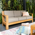 Logan Outdoor Sofa with Tan Cushions and Teak Frame