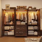 6 Door Farmhouse Armoire Wardrobe Closet for Bedroom with 3 Drawers, 75"H Tall Armoire Wardrobe Set with LED Sensor Light & Hanging Rod, Freestanding Closet Wardrobe Cabinet Glass Doors