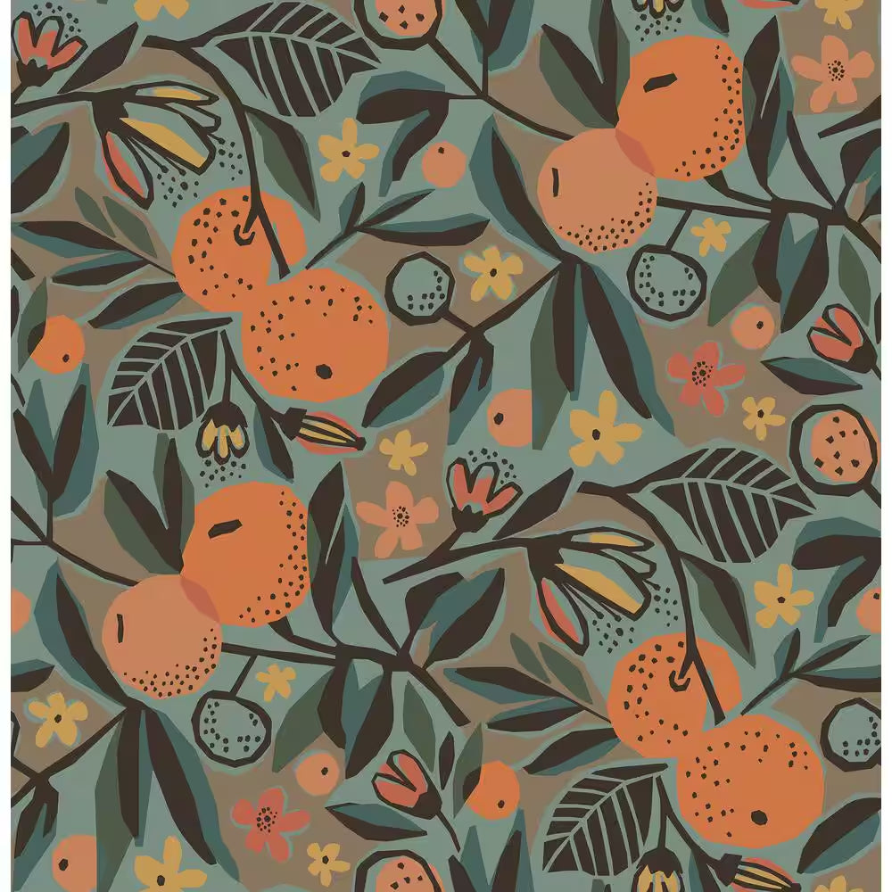 Teal Clementine Garden Vinyl Matte Peel and Stick Wallpaper Roll