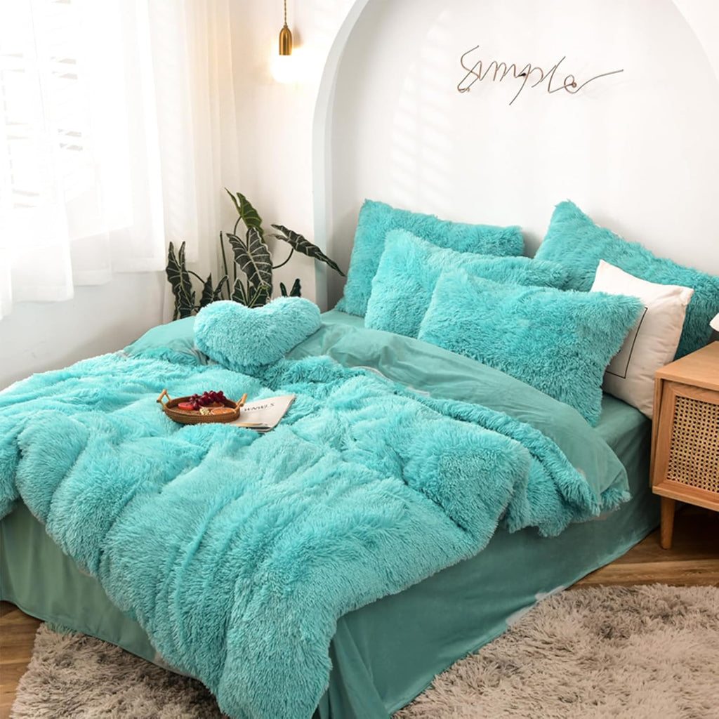 5 pièces Ensemble de literie housse de couette shaggy – Longue fourrure synthétique luxueuse ultra douce (Aqua, Full/Queen)
