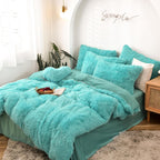 5 pièces Ensemble de literie housse de couette shaggy – Longue fourrure synthétique luxueuse ultra douce (Aqua, Full/Queen)