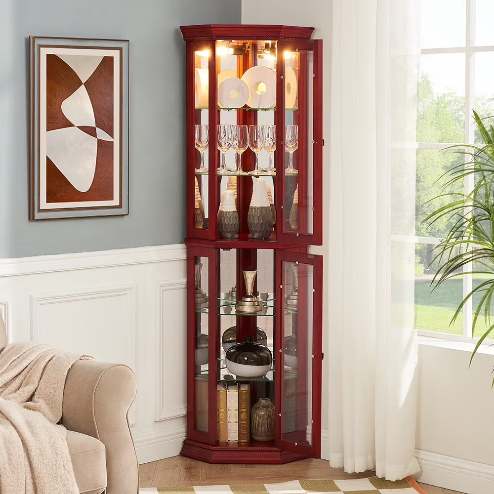 Bar Cabinet,Cabinet Shelf Glass Cabinet Shelves,Corner Curio Cabinet Lighted Corner Display, Glass Display Shelf Shelving Bar Cabinet with Tempered Glass Door