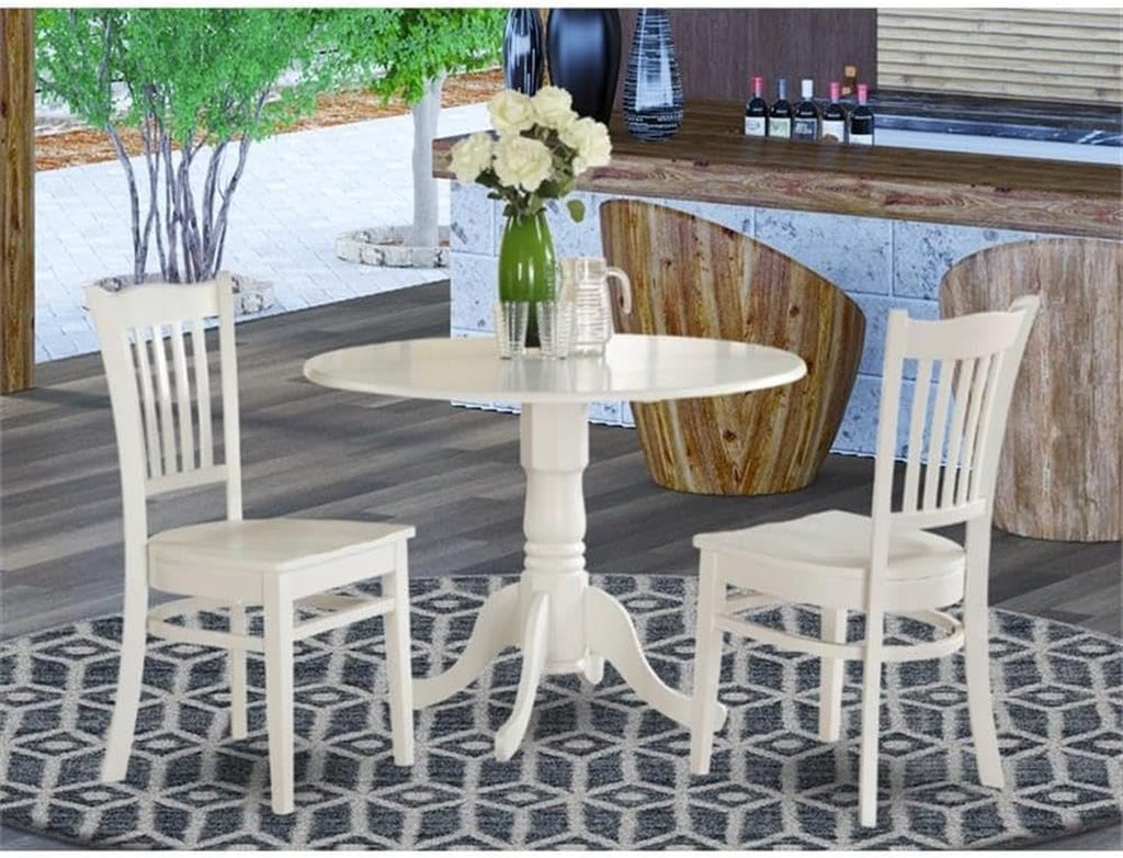 DLGR3-WHI-W Ensemble de table de salle à manger de 3 pièces pour petits espaces, comprenant une table de salle à manger ronde avec tablette rabattable et 2 chaises à assise en bois, 42X42 Inch, Blanc lin