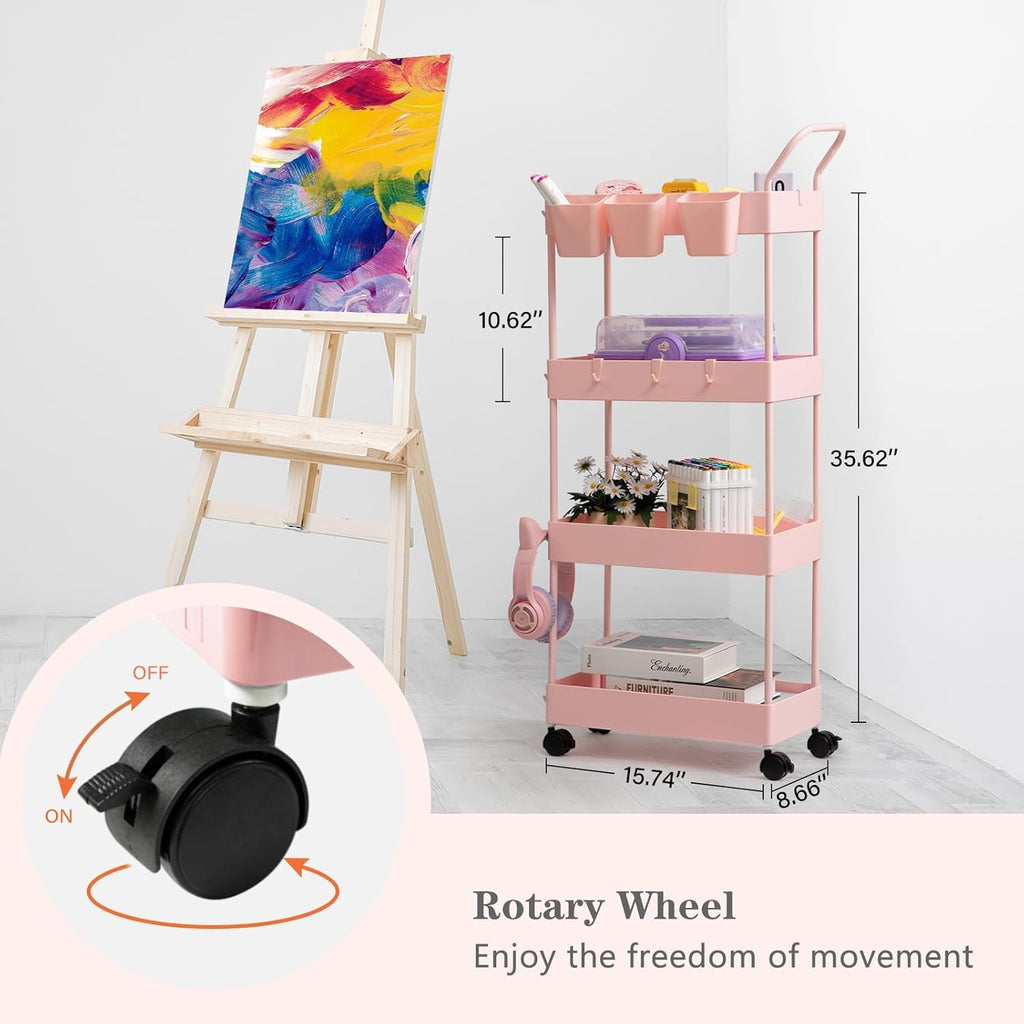 4-Tier Pink Slim Storage Cart, Narrow Laundry Cart with Wheels, Dividers, Hanging Cups, Hooks, Easy Assembly