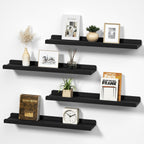 24" Étagères murales flottantes noires avec rebord, bois massif, ensemble de 4