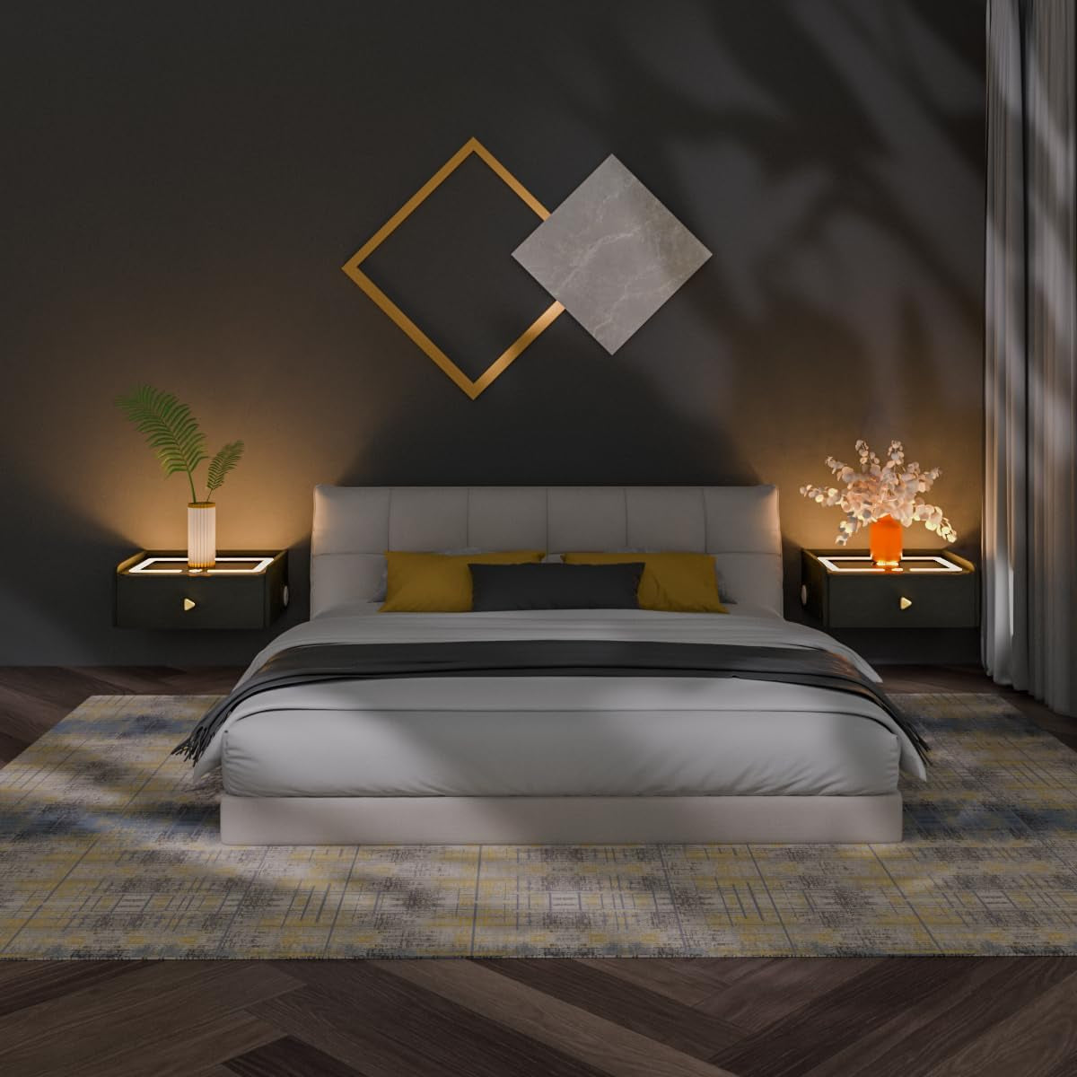 Floating Nightstand with Wireless Charging Station Bedside Table LED Smart Bedside Table Wall Mounted Nightstand Dorm Night Stand Black
