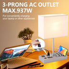 Bedside Table Lamp with 3 USB Charging Ports, 2 AC Outlets and 3 Phone Stands, Modern USB Desk Lamp with Silver Wooden Base