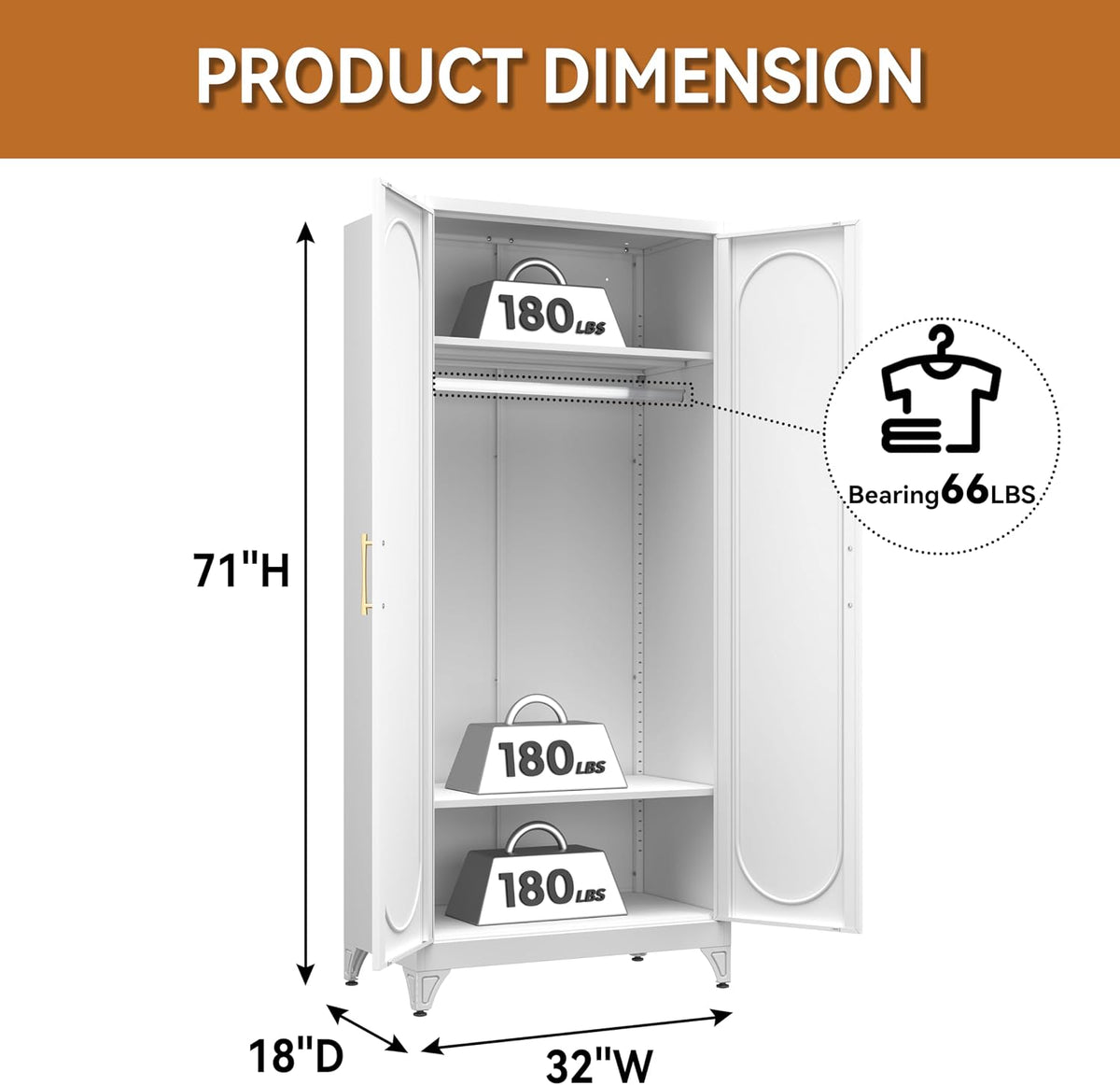 71" White Metal Armoire Wardrobe Closet with 2 Doors and Shelves