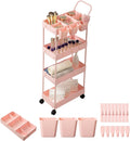 4-Tier Pink Slim Storage Cart, Narrow Laundry Cart with Wheels, Dividers, Hanging Cups, Hooks, Easy Assembly