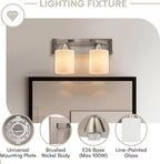 Bathroom Light Fixtures - 2 Lights, Oil-Rubbed Nickel Vanity Lights with Milk Glass Shades - Interior Lighting over Mirror - E26, 100W LED, Bulbs Not Included