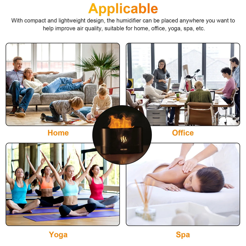 Humidificateur à huiles essentielles diffuseur d'air de 180 ml, diffuseur de brume aromatique avec effet feu et LED à changement de couleur 7 pour bureau