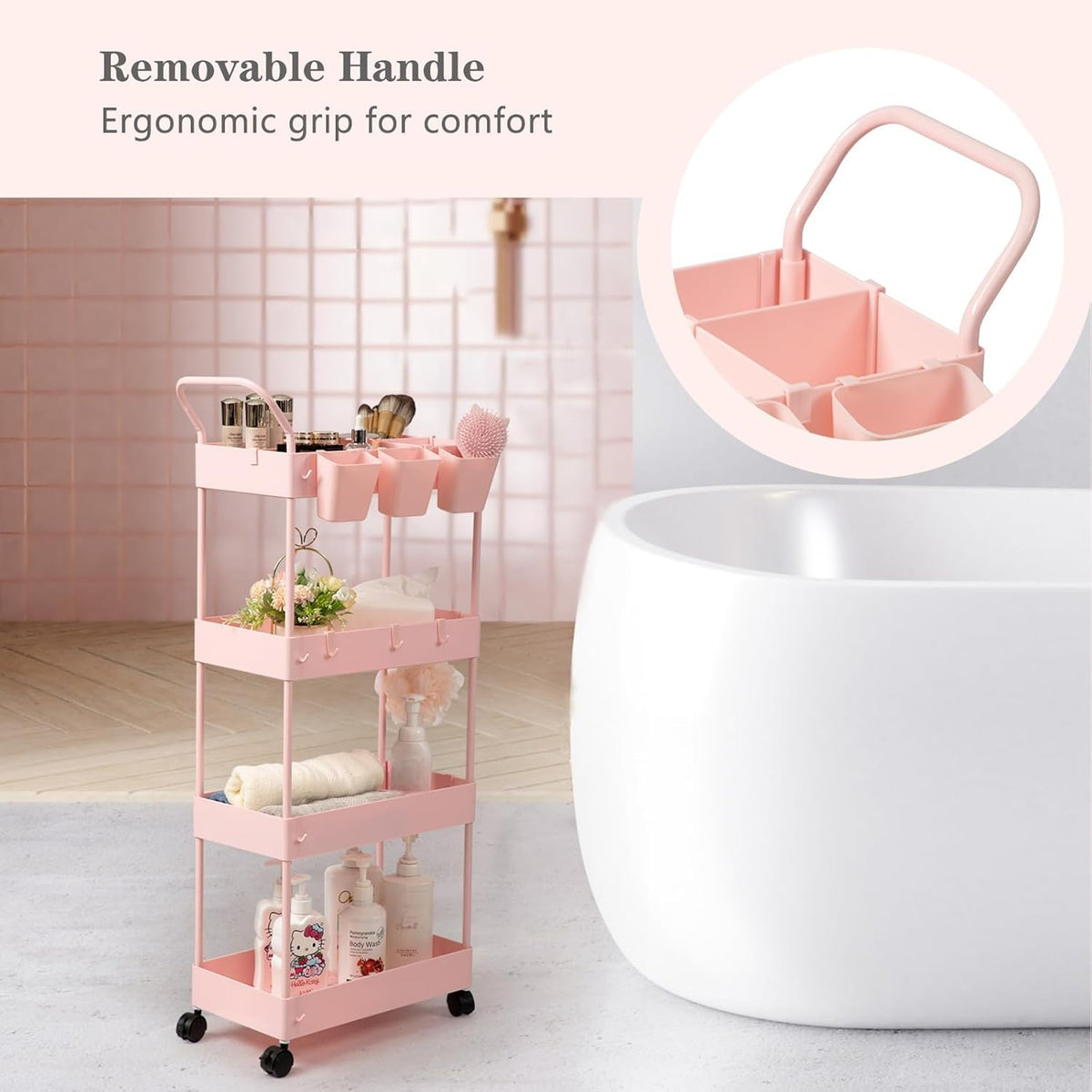 4-Tier Pink Slim Storage Cart, Narrow Laundry Cart with Wheels, Dividers, Hanging Cups, Hooks, Easy Assembly