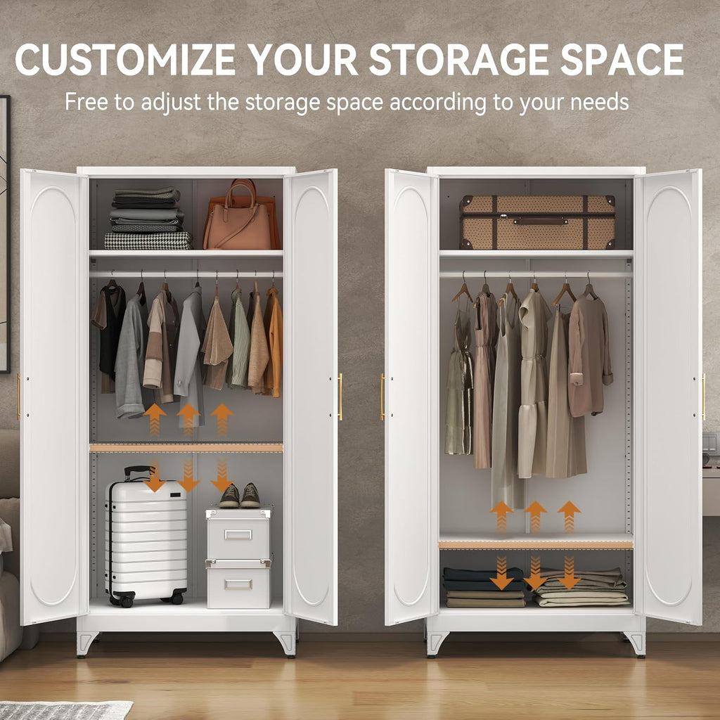 71" White Metal Armoire Wardrobe Closet with 2 Doors and Shelves